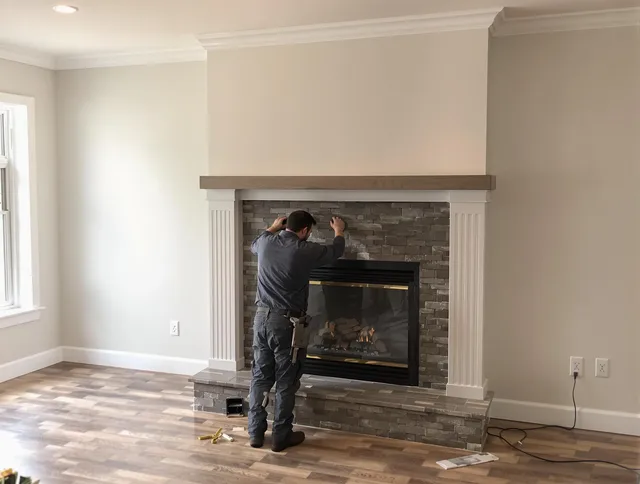 Town 'n' Country Chimney Sweep finishing a custom fireplace install in Town 'n' Country, FL